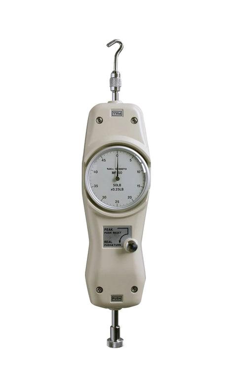 Peak Hold Analog Mechanical Force Gauge For Pull Or Push, 100 Lbs Range, 0.5 Lbs Graduation, Reads Present Or Peak Force, Built To Take Tough Pulls, Accuracy Within Two Tenths Of A Percent Of Full Scale, Overload Capacity 165 Lbs. analog force gauge with hook and push tip, 50 lb dial