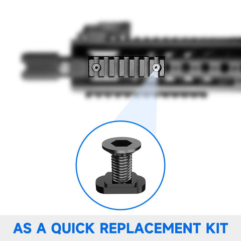 24 Piece M-LOK Screws And Nuts Replacement Kit With Allen Wrench For Rails And Mounts, close-up of black screw and rail section