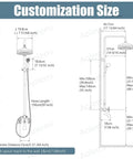 Diagram showing dimensions for Oil Rubbed Bronze Shower Faucet Set With Hand Sprayer And Tub Spout 12 Inch Extension Tube Included 8 Inch Rainfall Shower Head Fixture Wall Mount Triple Function With Two Cross Knobs.