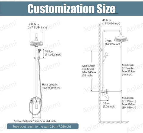 Diagram showing dimensions for Oil Rubbed Bronze Shower Faucet Set With Hand Sprayer And Tub Spout 12 Inch Extension Tube Included 8 Inch Rainfall Shower Head Fixture Wall Mount Triple Function With Two Cross Knobs.