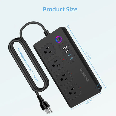 Zigbee Smart Power Strip Surge Protector With Fast Charging And Four Independently Switched Outlets Syncs With Alexa Google Home Philips Hue Black Slick Hub powered gear, showing four outlets and USB ports.