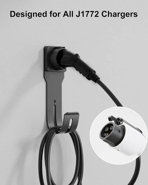 Heavy Duty Ev Charger Wall Mount Kit And Charging Cable Organizer J Hook Holster For Sae J1772 Connector, steel bracket with cable.
