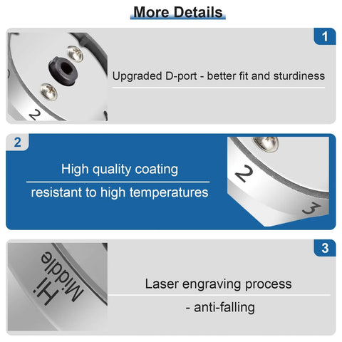 Details of Replacement Knob Set For DG94 03500A Z DG94 03500V DG94 03500W 4 Pack Electric Stove Knob Replacement showing features like D-port and laser engraving.