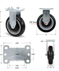 Heavy Duty 5 Inch Polyurethane Caster Set Of 4 With 1400 Lb Capacity Smooth Rolling Industrial Replacement Wheels detailed dimension image.