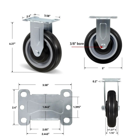 Heavy Duty 5 Inch Polyurethane Caster Set Of 4 With 1400 Lb Capacity Smooth Rolling Industrial Replacement Wheels detailed dimension image.