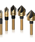 Pro Grade 5 Piece Countersink Drill Bit Set Featuring Quarter Inch Tri Flat Quick Change Shank And 82 Degree Cutting Angle, set of five bits.