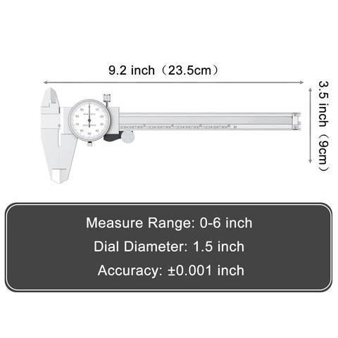 Two Way Shockproof Dial Caliper 0-6 Inch Range With 0.001 Inch Resolution, image showing dimensions and specifications