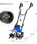 Powerful 16 Inch Corded Garden Tiller Cultivator With A Thirteen Point Five Amp Motor showing dimensions and weight