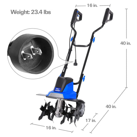 Powerful 16 Inch Corded Garden Tiller Cultivator With A Thirteen Point Five Amp Motor showing dimensions and weight