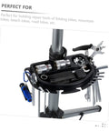 Portable Bike Repair Tray With Multi-Grid Tool Organizer mounted on stand, housing tools, 9.64 x 6.10 inch durable polycarbonate.