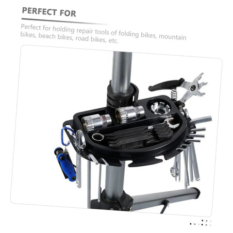 Portable Bike Repair Tray With Multi-Grid Tool Organizer mounted on stand, housing tools, 9.64 x 6.10 inch durable polycarbonate.