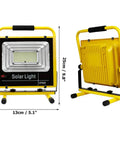 JUDYSSY Led Rechargeable Work Lights,2 Portable Led Floodlight with Remote Control,Modes,3 Timing,Waterproof Ip66 for Outdoor Camping Garage Construction Site Lights seen from front and back, dimensions displayed.