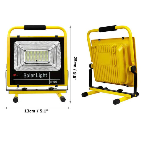 JUDYSSY Led Rechargeable Work Lights,2 Portable Led Floodlight with Remote Control,Modes,3 Timing,Waterproof Ip66 for Outdoor Camping Garage Construction Site Lights seen from front and back, dimensions displayed.