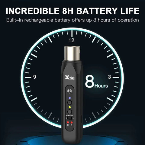 Black Bluetooth XLR Receiver For Audio Mixers PA Systems And DJ Setups With Professional Wireless Connectivity And High Fidelity Audio For Studio And Live Sound Easy Setup And Reliable Wireless Range next to battery life indicator