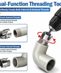 DGQ Heavy Duty Pipe Threading Tool Set with integrated cutter creating internal and external threads on PVC pipes.