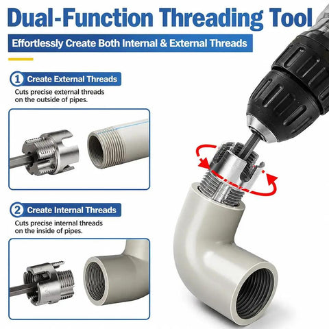 DGQ Heavy Duty Pipe Threading Tool Set with integrated cutter creating internal and external threads on PVC pipes.