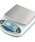 Ultra Accurate 0.01g Lab Digital Scale With 5000g Capacity, stainless steel weighing pan, and blue LCD display close-up.