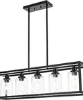 5 Light Linear Pendant Chandelier In Matte Black For Dining Room And Kitchen Island Modern Farmhouse Hanging Fixture Clear Glass
