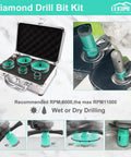 Diamond Core Tile Drill Bit Set 6pcs Pro-Grade Hole Saw Kit For Porcelain Tile Ceramic Marble Masonry Brick Concrete With 5/8-11 Thread Includes 25mm 35mm 50mm 65mm 75mm Bits And 20mm Finger Milling Bit For Dry Or Wet Drilling displayed in an open case with various bits labeled for use