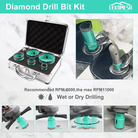 Diamond Core Tile Drill Bit Set 6pcs Pro-Grade Hole Saw Kit For Porcelain Tile Ceramic Marble Masonry Brick Concrete With 5/8-11 Thread Includes 25mm 35mm 50mm 65mm 75mm Bits And 20mm Finger Milling Bit For Dry Or Wet Drilling displayed in an open case with various bits labeled for use