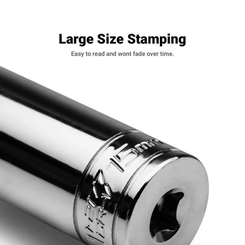 Close-up of socket from Beefy Three Eighths Inch Drive 12 Point Socket Set With Shallow And Deep Sockets Metric 8 To 19 Mm 24 Piece showing size stamp.