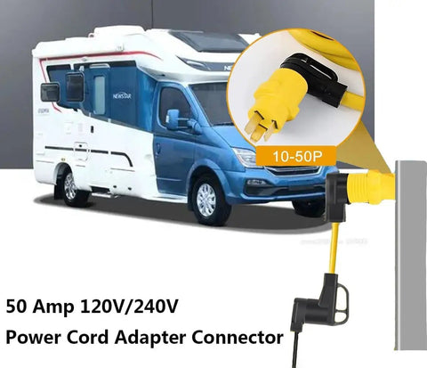 Nema 10 To 14 Power Adapter 50 Amp Plug Converter For Dryers Welders Generators And Rvs with yellow connector near RV.