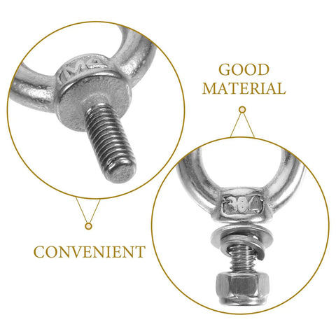 Close-up of Five Piece M4 304 Stainless Steel Eyebolts With Ring Nuts Threaded Eye Screws For Lifting Equipment showing thread and material.
