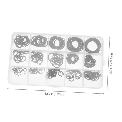 175 Piece Steel C Type External Circlip Snap Ring Assortment Kit in clear storage case with size dimensions visible