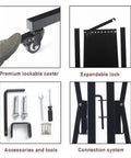 Close-up of Beefed Up Expandable Metal Barricade 11 Foot Mobile Safety Barrier Gate with Casters, showing lockable caster and tools.