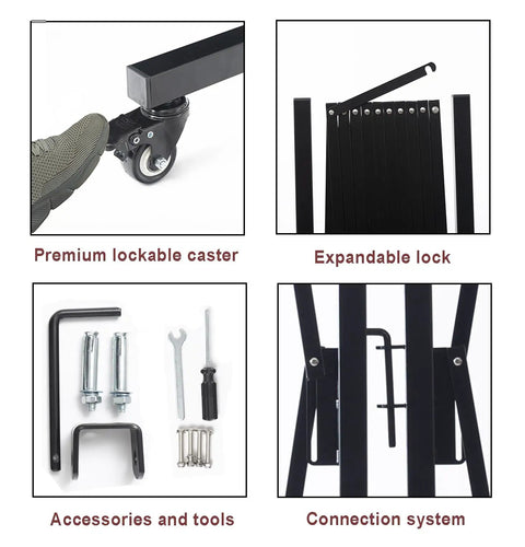 Close-up of Beefed Up Expandable Metal Barricade 11 Foot Mobile Safety Barrier Gate with Casters, showing lockable caster and tools.