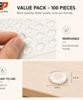 One Hundred Piece Clear Self Adhesive Cabinet Door Bumpers Three Eighth Inches Silicone Rubber Stoppers for kitchen drawers shown on a label sheet and wood surface.
