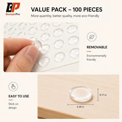 One Hundred Piece Clear Self Adhesive Cabinet Door Bumpers Three Eighth Inches Silicone Rubber Stoppers for kitchen drawers shown on a label sheet and wood surface.