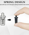 Hand holding spring-loaded pin; diagram shows mechanism of 8 Pieces Cabinet Door Damper Pins Dual Purpose Replacement Pins For Cabinets And Shelves, Spring Loaded Furniture Fittings, Durable Iron And Plastic Construction Black.
