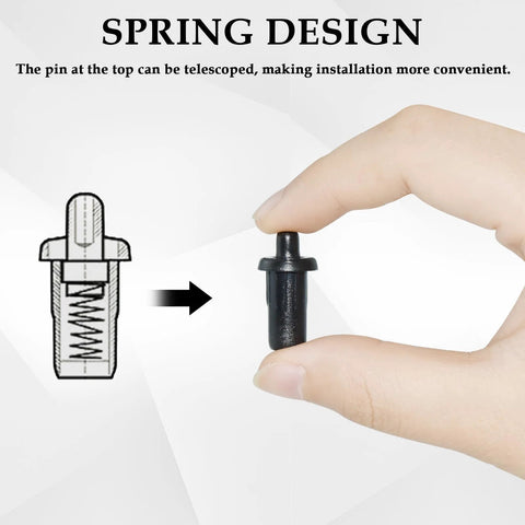 Hand holding spring-loaded pin; diagram shows mechanism of 8 Pieces Cabinet Door Damper Pins Dual Purpose Replacement Pins For Cabinets And Shelves, Spring Loaded Furniture Fittings, Durable Iron And Plastic Construction Black.