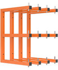 Smooth Setup Four Pack Lumber Storage Rack Wall Mounted Heavy Duty Board Holder with adjustable arms in orange color.