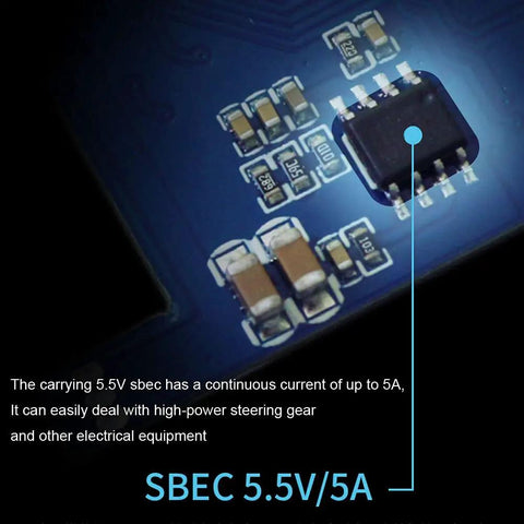 Close-up of SBEC 5.5V/5A component of 150A Waterproof Brushless ESC for RC Boats and Model Ships showcasing circuitry detail.
