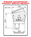 Diagram of Waterproof Round Rocker Switches On Off 12V DC 20A And 125V And 250V AC SPST 20 Millimeter with measurements