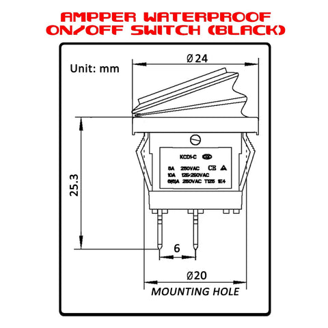 Diagram of Waterproof Round Rocker Switches On Off 12V DC 20A And 125V And 250V AC SPST 20 Millimeter with measurements
