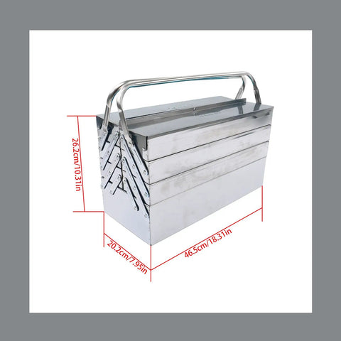 No Fuss Folding Stainless Steel Gear Case With Easy Grip Carry Handle, dimensions 18.31x7.95x10.31 inches, ideal for storage.