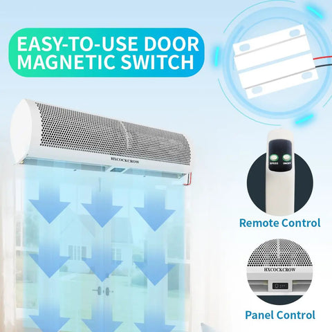 Sixty Inch High Velocity Air Curtain For Doors That Chases Pesky Flies With Straight Up Powerful 1530 Cfm Flow remote control and magnetic switch.