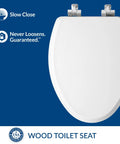 Toilet Seat With Chrome Hinges, Slow Close Wood Seat, Easy Install, Elongated White, Durable Metal Hinges, Made In USA