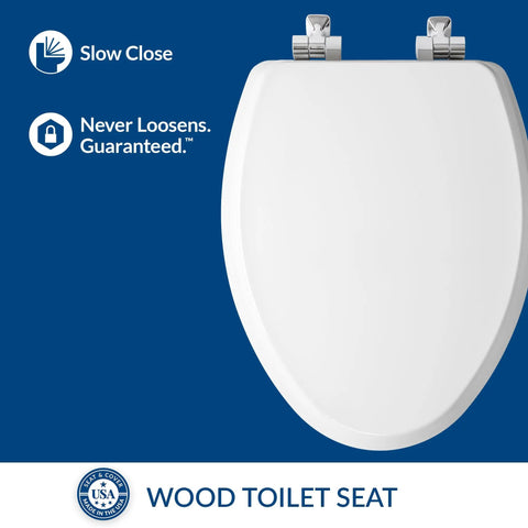 Toilet Seat With Chrome Hinges, Slow Close Wood Seat, Easy Install, Elongated White, Durable Metal Hinges, Made In USA