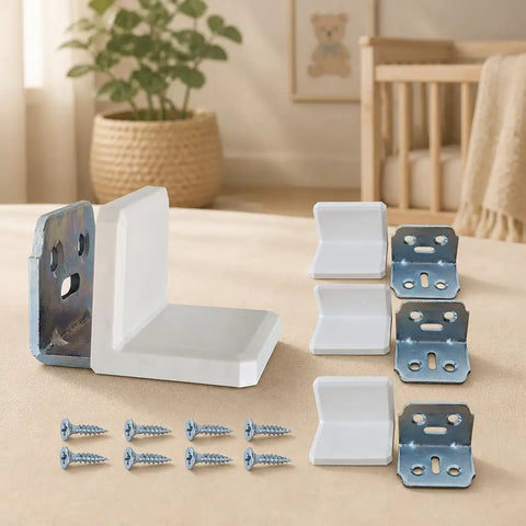 Hella Sturdy Stainless Steel L Brackets With Smooth White Caps Provide Serious Anti Tip Reinforcement For Floating Shelves Drawers And Cabinetry No Sweat Setup Ensures A Flawless Finish Every Single Time with screws.