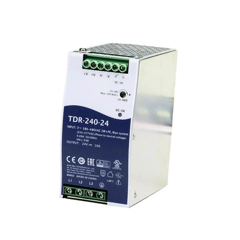 Heavy Duty Rock Solid 240W Din Rail Power Supply 24V DC 10A Amps ultra slim metal box angled view.