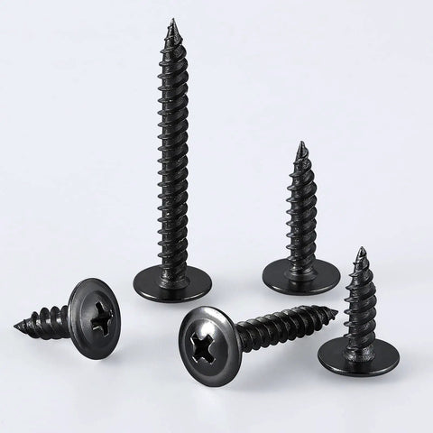 No Fuss Top Shelf Heavy Duty Workhorse Number 8 Black Truss Head Wood Screws, assorted lengths for DIY projects.