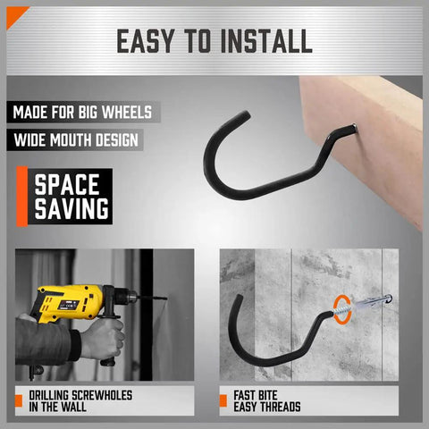 Tough As Nails Heavy Duty Garage Storage Hooks 6 Pack 6 Inch Wall Mount Utility Hooks For Tools Ladders Bikes Hoses And Cords Steel Organizer For Workshop Shed And Garage, showing installation steps and hook on wall