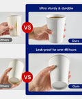 Comparison of 300 Pack Disposable Coffee Cups, 10 Oz White Hot Beverage Cups showing sturdiness versus other brands.