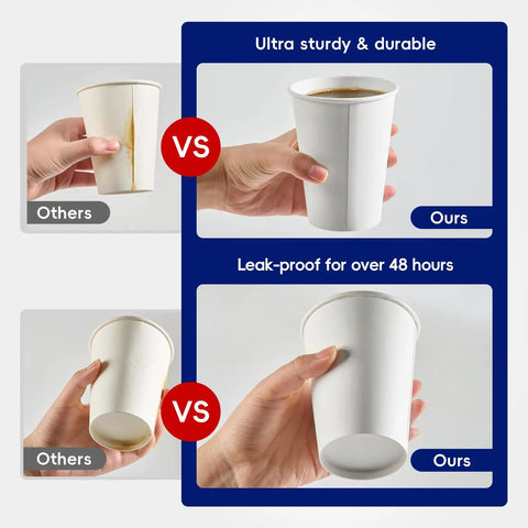 Comparison of 300 Pack Disposable Coffee Cups, 10 Oz White Hot Beverage Cups showing sturdiness versus other brands.