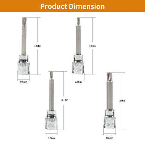 Top Shelf 4 Pack Clutch Head Bit Socket Set dimensions showing sizes from 5/32 to 5/16 inch for 3/8 inch square drive.