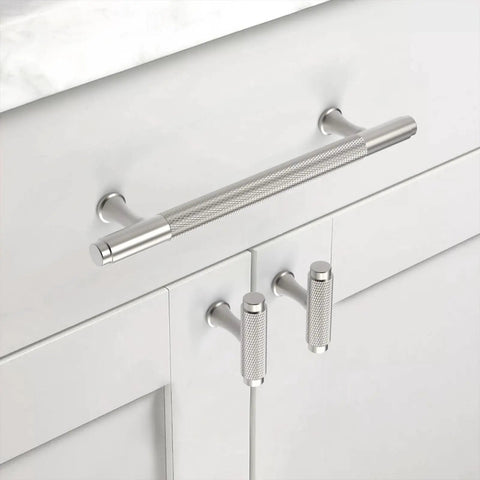 10 Pack Knurled Champagne Bronze Kitchen Cabinet Knobs Gold Dresser Drawer Knobs Single Hole T Bar Pull Handles installed on white cabinet